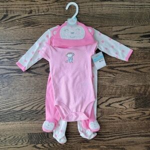 NWT Carters Baby Girl 6M ~Layette 4 Set Monkey Bodysuit, Pants, Hat, Pajamas